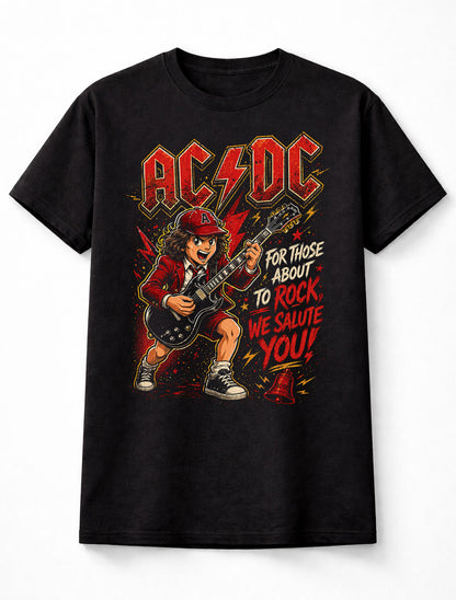 AC/DC Rock Guitar Kid Graphic Tee For Those About to Rock We Salute You Shirt Classic Rock Band Style Cartoon Guitarist Vintage Concert Vibes Music Adults & Kids Unisex T-Shirt