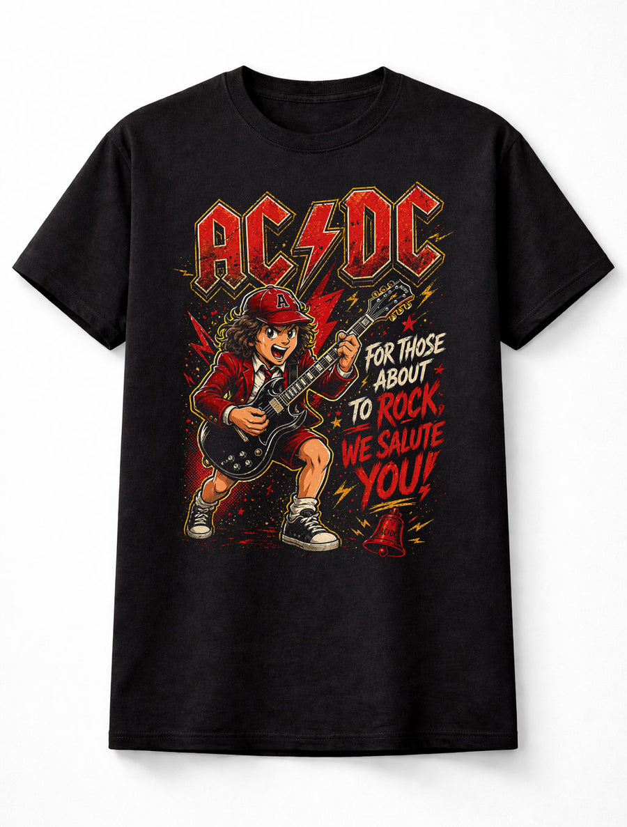 AC/DC Rock Guitar Kid Graphic Tee For Those About to Rock We Salute You Shirt Classic Rock Unisex T-Shirt