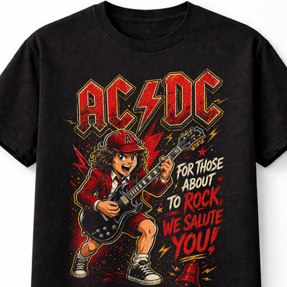 AC/DC Rock Guitar Kid Graphic Tee For Those About to Rock We Salute You Shirt Classic Rock Band Style Cartoon Guitarist Vintage Concert Vibes Music Adults & Kids Unisex T-Shirt