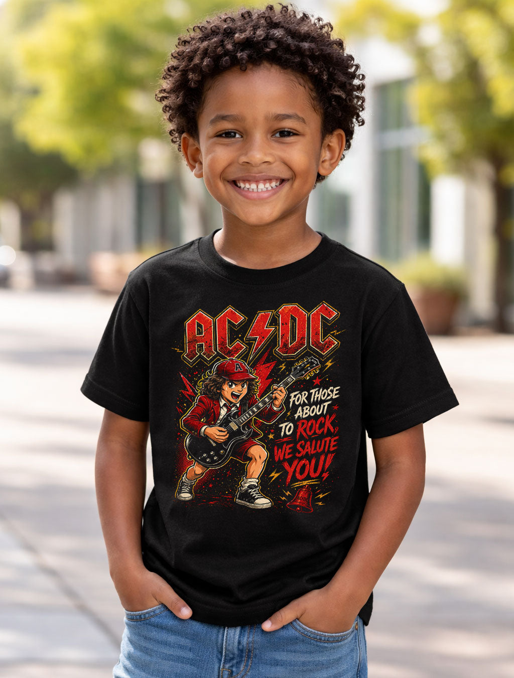 AC/DC Rock Guitar Kid Graphic Tee For Those About to Rock We Salute You Shirt Classic Rock Band Style Cartoon Guitarist Vintage Concert Vibes Music Adults & Kids Unisex T-Shirt