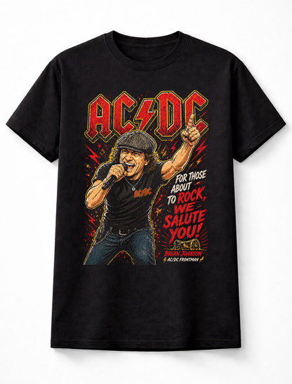 AC/DC Brian Johnson Rock Frontman Graphic Tee For Those About to Rock We Salute You Shirt Classic Rock Concert Style Vintage Band Tribute Adults & Kids Unisex T-Shirt