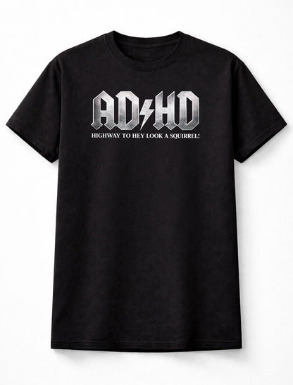 ADHD T-Shirt Funny Squirrel AC/DC Rock Parody Gothic Unisex Black Graphic Tee