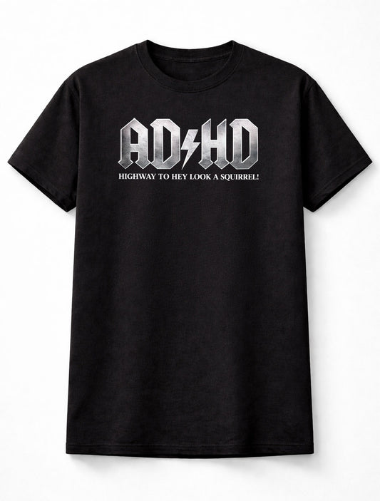 ADHD T-Shirt Funny Squirrel AC/DC Rock Parody Gothic Unisex Black Graphic Tee