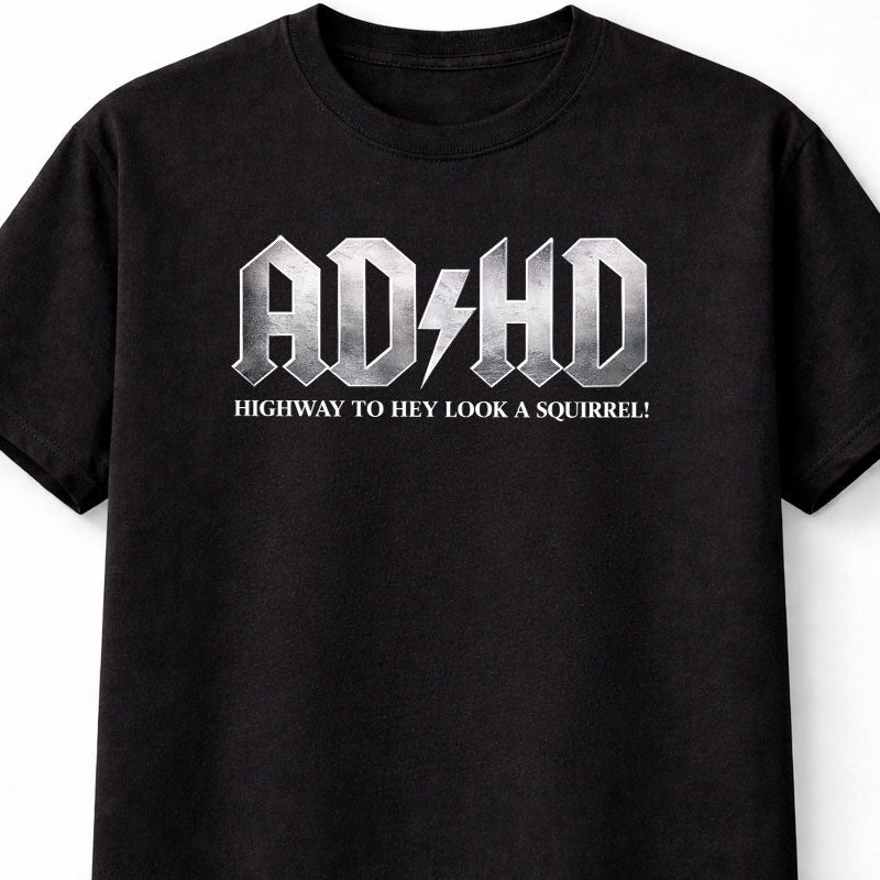 ADHD T-Shirt Funny Squirrel AC/DC Rock Parody Gothic Unisex Black Graphic Tee