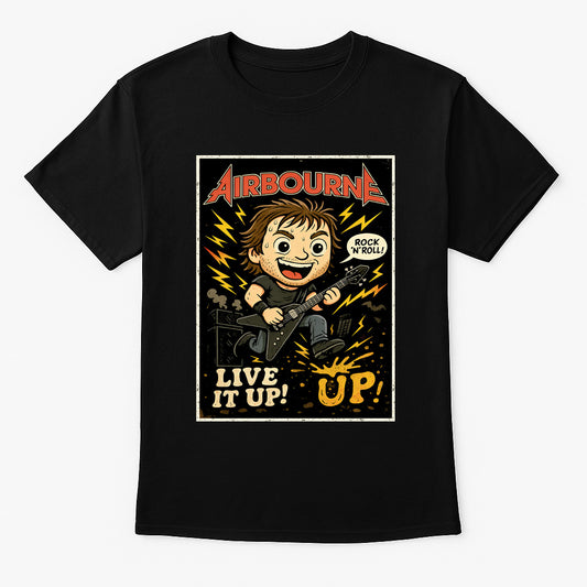 Airbourne “Live It Up” Unisex T-Shirt – High Voltage Rock ’N’ Roll Band Comic Style Tee