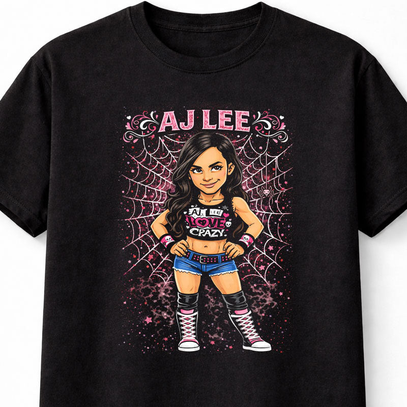AJ Lee Love Crazy Wrestling Graphic T-Shirt Spider Web Cartoon Diva Fan Tee Pink Black Cute Punk Style Unisex Shirt Adults & Kids Unisex T-Shirt
