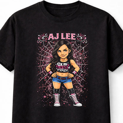 AJ Lee Love Crazy Wrestling Graphic T-Shirt Spider Web Cartoon Diva Fan Tee Pink Black Cute Punk Style Unisex Shirt Adults & Kids Unisex T-Shirt