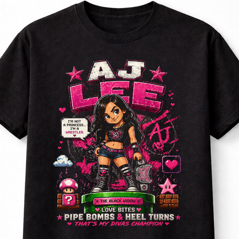 AJ Lee Wrestling T-Shirt – WWE x Mario Nintendo Love Bites Pixel Fan Tee Adults & Kids Unisex T-Shirt