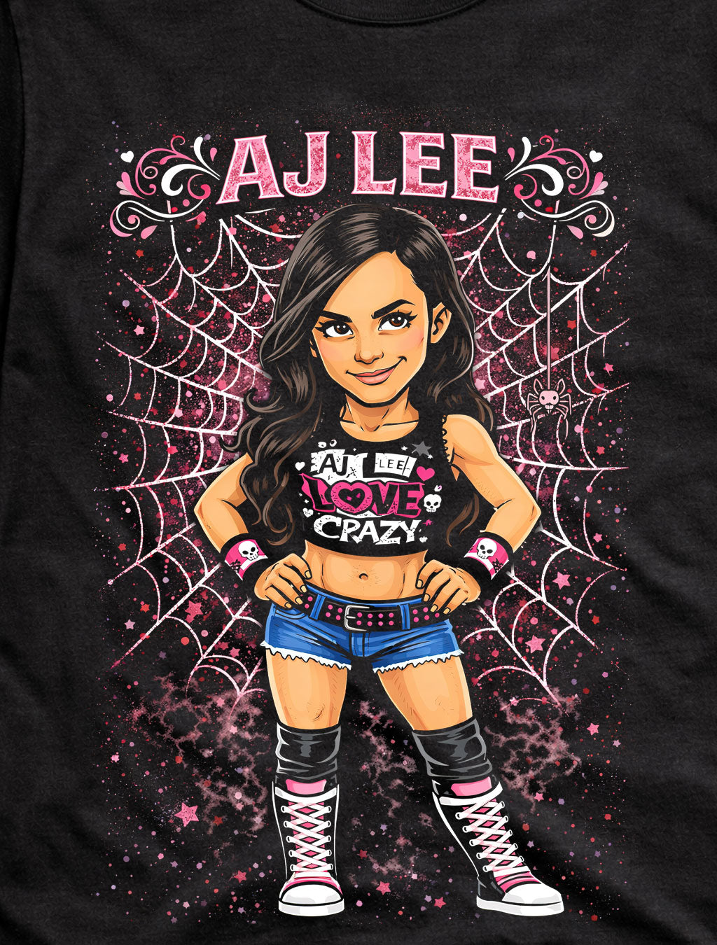 AJ Lee Love Crazy Wrestling Graphic T-Shirt Spider Web Cartoon Diva Fan Tee Pink Black Cute Punk Style Unisex Shirt Adults & Kids Unisex T-Shirt