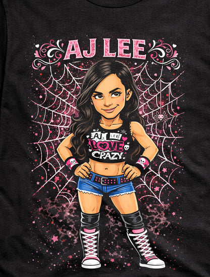 AJ Lee Love Crazy Wrestling Graphic T-Shirt Spider Web Cartoon Diva Fan Tee Pink Black Cute Punk Style Unisex Shirt Adults & Kids Unisex T-Shirt