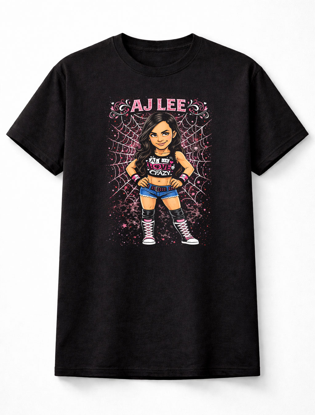 AJ Lee Love Crazy Wrestling Graphic T-Shirt Spider Web Cartoon Diva Fan Tee Pink Black Cute Punk Style Unisex Shirt Adults & Kids Unisex T-Shirt