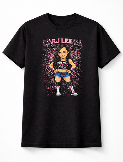 AJ Lee Love Crazy Wrestling Graphic T-Shirt Spider Web Cartoon Diva Fan Tee Pink Black Cute Punk Style Unisex Shirt Adults & Kids Unisex T-Shirt