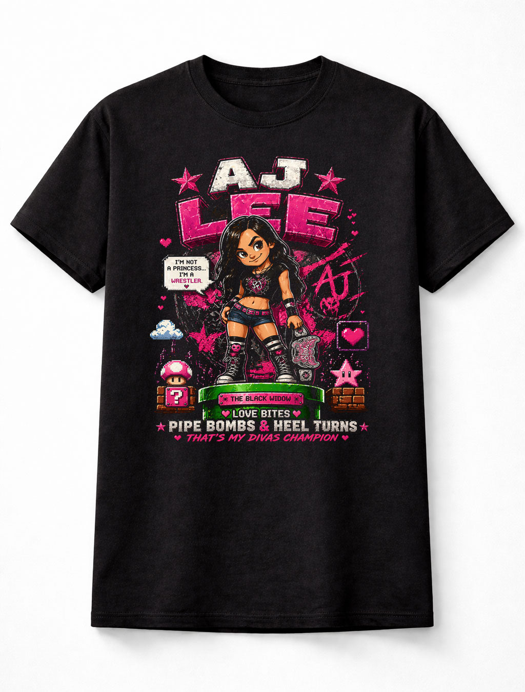 AJ Lee Wrestling T-Shirt – WWE x Mario Nintendo Love Bites Pixel Fan Tee Adults & Kids Unisex T-Shirt