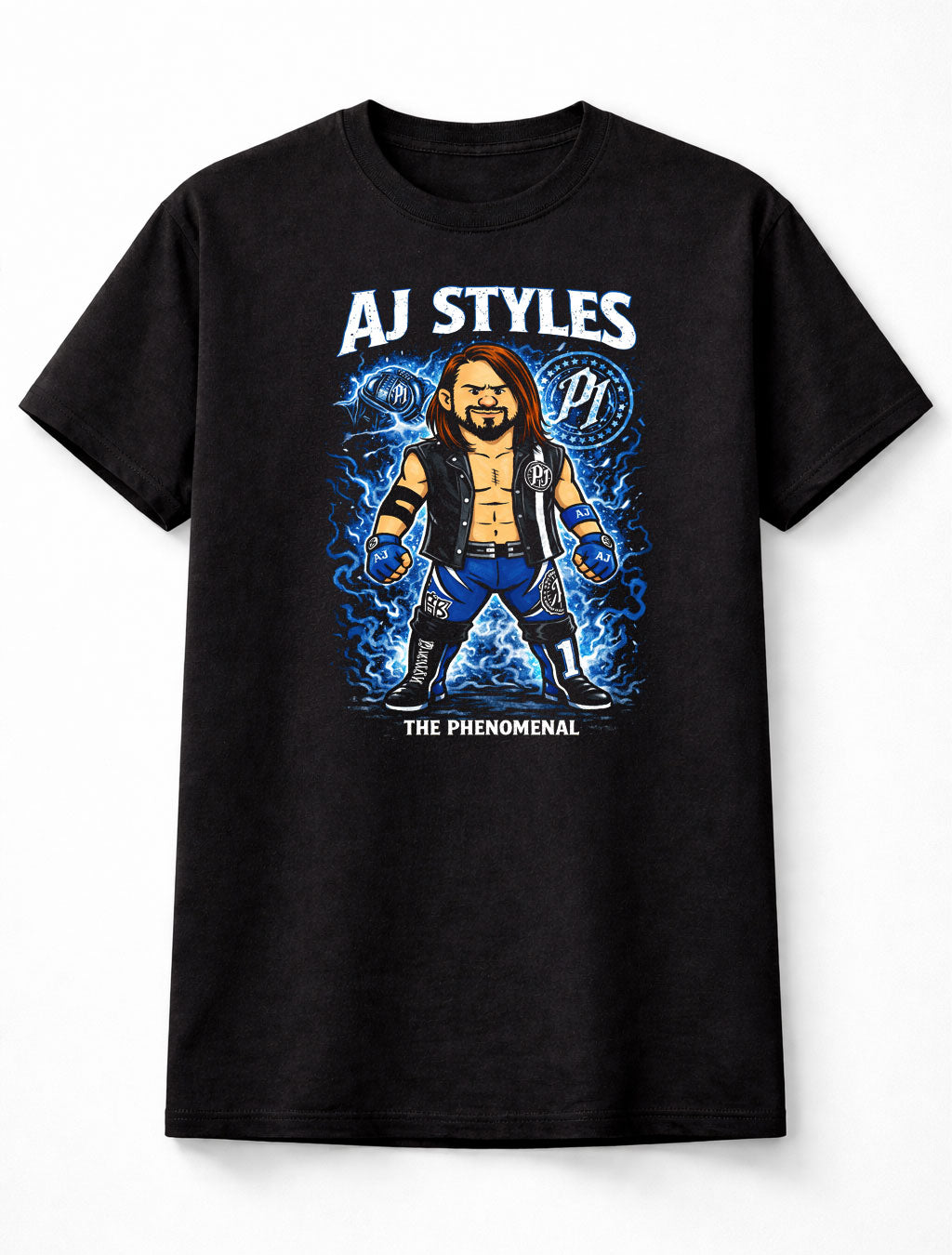 AJ Styles The Phenomenal Wrestling Graphic T-Shirt Cartoon Wrestler Fan Tee Blue Lightning P1 Logo Style Unisex Shirt Adults & Kids Unisex T-Shirt
