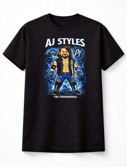 AJ Styles The Phenomenal Wrestling Graphic T-Shirt Cartoon Wrestler Fan Tee Blue Lightning P1 Logo Style Unisex Shirt Adults & Kids Unisex T-Shirt