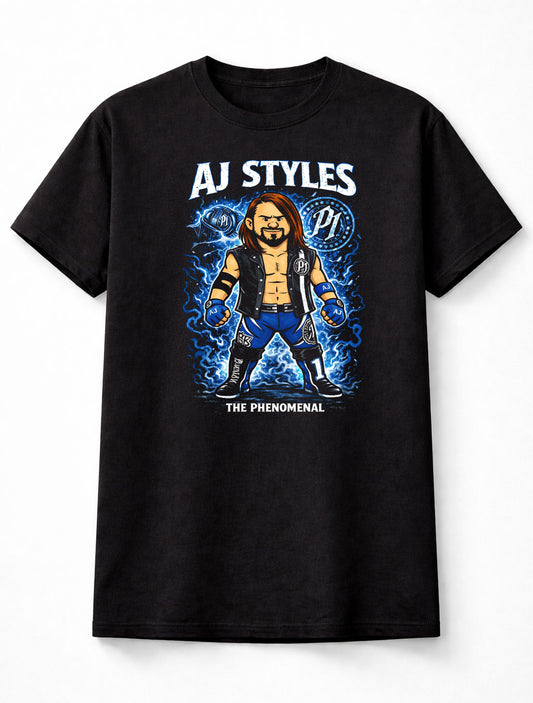 AJ Styles The Phenomenal Wrestling Graphic T-Shirt Cartoon Wrestler Fan Tee Blue Lightning P1 Logo Style Unisex Shirt Adults & Kids Unisex T-Shirt
