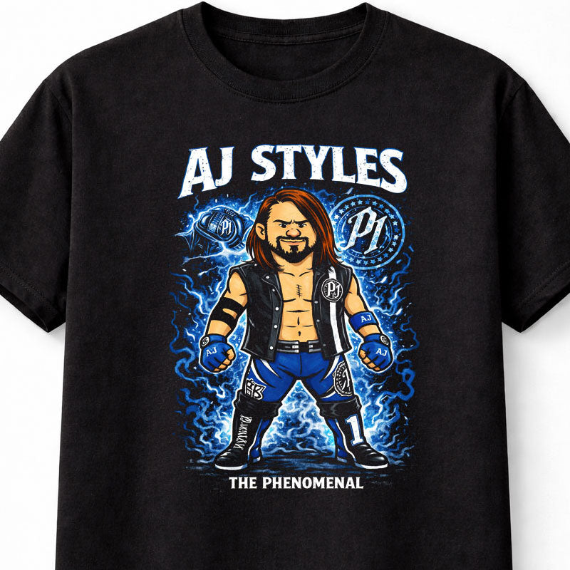 AJ Styles The Phenomenal Wrestling Graphic T-Shirt Cartoon Wrestler Fan Tee Blue Lightning P1 Logo Style Unisex Shirt Adults & Kids Unisex T-Shirt