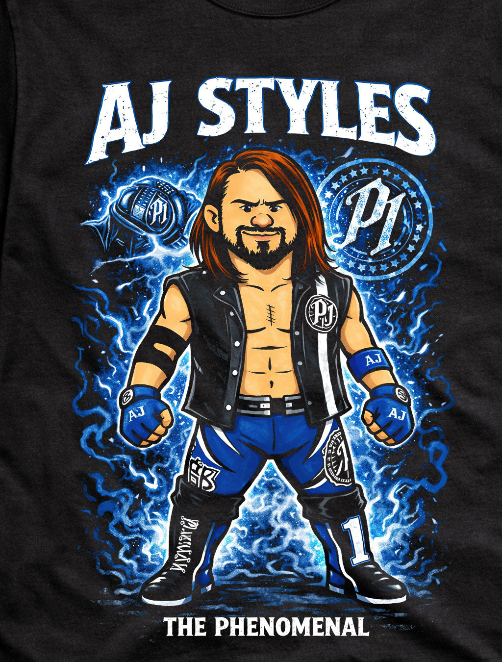 AJ Styles The Phenomenal Wrestling Graphic T-Shirt Cartoon Wrestler Fan Tee Blue Lightning P1 Logo Style Unisex Shirt Adults & Kids Unisex T-Shirt
