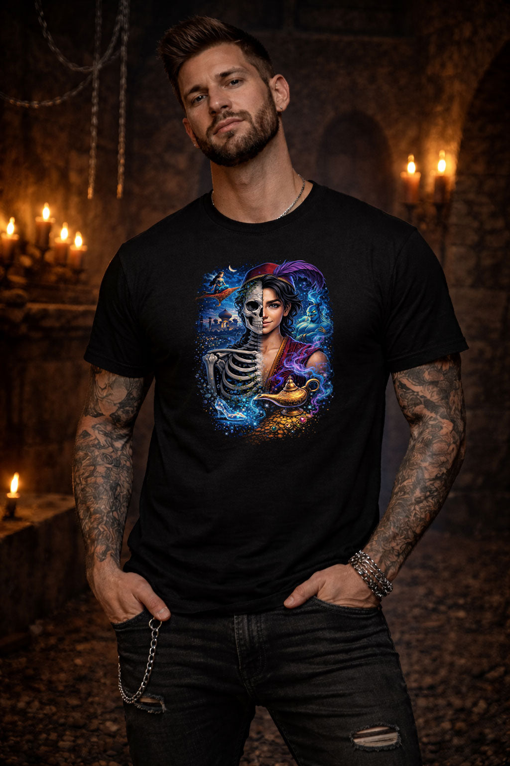 Aladdin Skull T Shirt Dark Fantasy Arabian Nights Genie Gothic Unisex Graphic