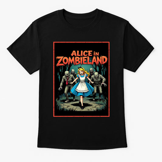 Alice in Zombieland unisex t-shirt with horror parody artwork
