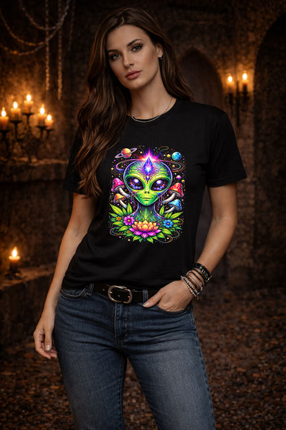 Alien Cosmic Mushroom Art Psychedelic Unisex Trippy Gothic Graphic T-Shirt