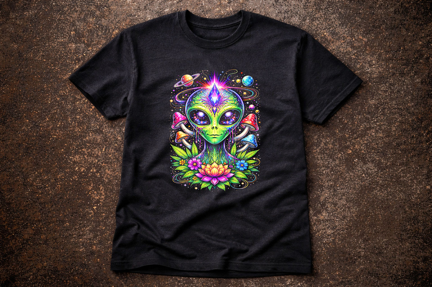 Alien Cosmic Mushroom Art Psychedelic Unisex Trippy Gothic Graphic T-Shirt