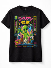 Japanese Alien Invasion UFO Kaiju Sci-Fi Graphic Black Unisex T-Shirt