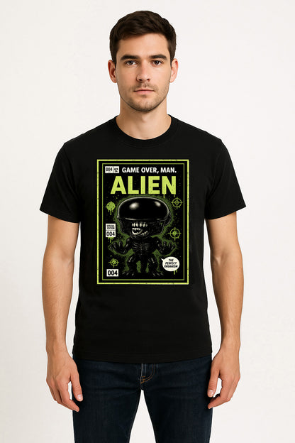 Alien “Game Over, Man” Comic Style Graphic Tee – Retro Sci-Fi Horror T-Shirt for Classic Movie Fans