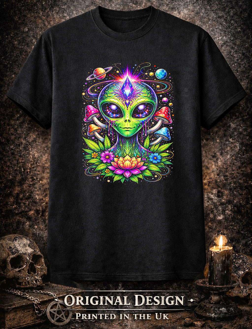 Alien Cosmic Mushroom Art Psychedelic Unisex Trippy Gothic Graphic T-Shirt