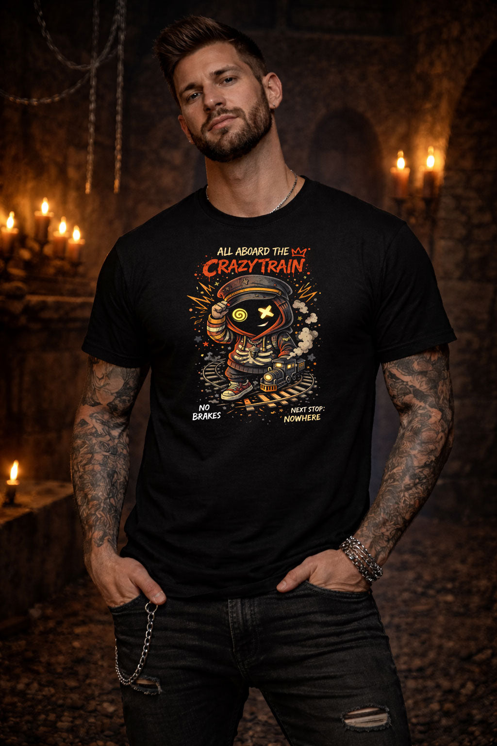 All Aboard the Crazy Train T Shirt Gothic Cartoon Punk Chaos Unisex Tee