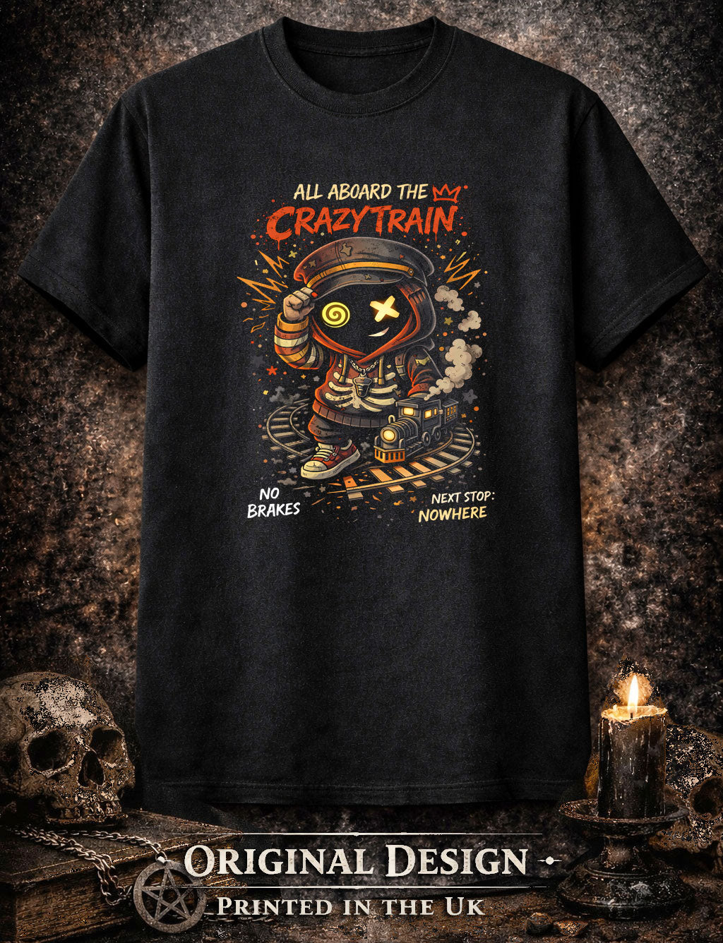 All Aboard the Crazy Train T Shirt Gothic Cartoon Punk Chaos Unisex Tee