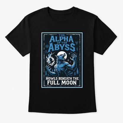Alpha of the Abyss unisex t-shirt featuring werewolf howling at the full moon, gothic blue design printed on black cotton tee