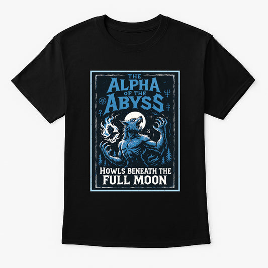 Alpha of the Abyss unisex t-shirt featuring werewolf howling at the full moon, gothic blue design printed on black cotton tee