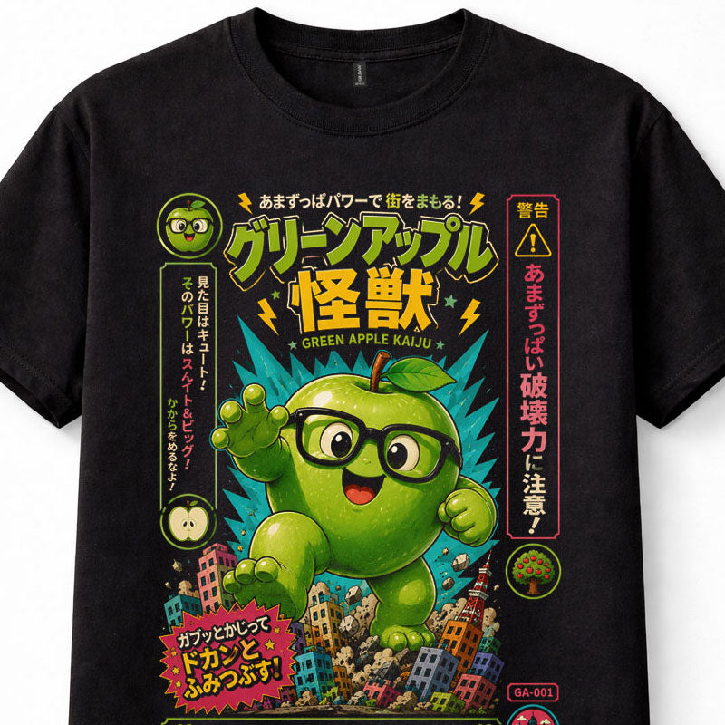 Japanese Green Apple Kaiju Monster Kawaii Graphic Black Unisex T-Shirt