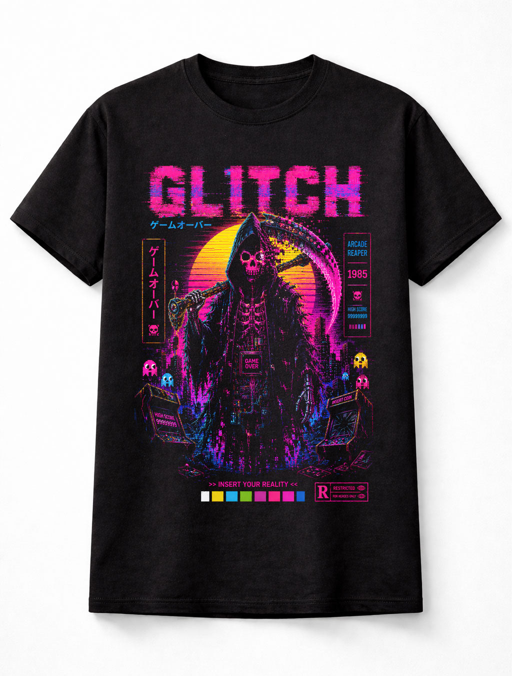 Glitch Arcade Reaper Retro Gaming Horror Synthwave 1985 Unisex T-Shirt