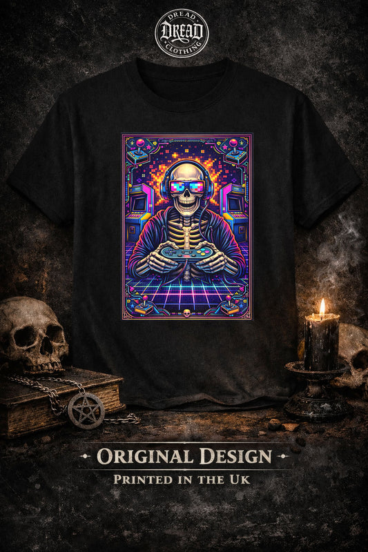 Retro Arcade Skeleton Gamer Unisex Gothic Neon Gaming Graphic T-Shirt