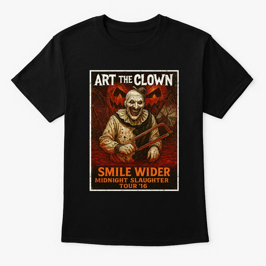 Art the Clown “Smile Wider” Graphic Terrifier Midnight Slaughter Horror T-Shirt for Slasher Fans
