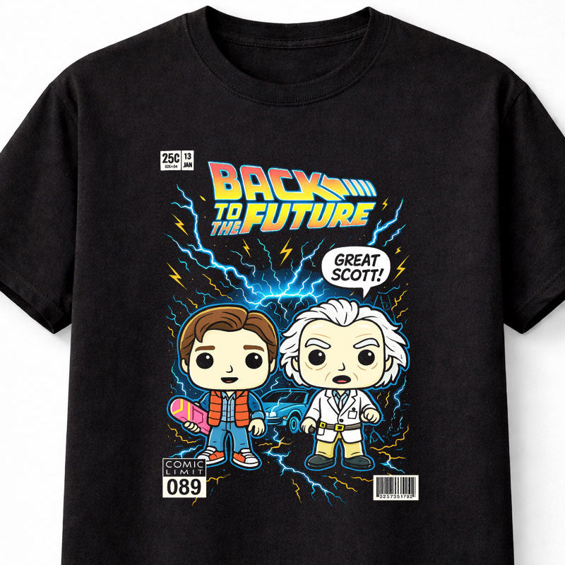 Back to the Future Comic Edition Time Travel Unisex Black Graphic Tee