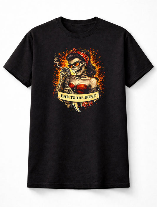 Rockabilly T Shirt Gothic Biker Skull Bad To The Bone Skeleton Unisex Tattoo Tee