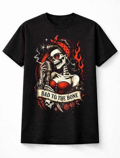 Bad To The Bone Rockabilly Skeleton Pin Up Graphic Unisex T-Shirt