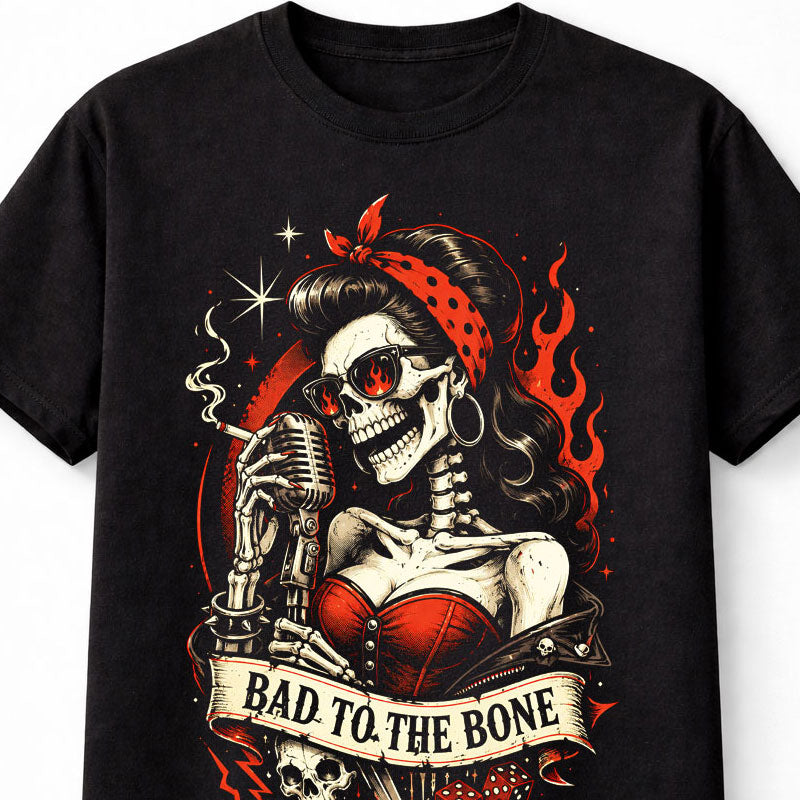 Bad To The Bone Rockabilly Skeleton Pin Up Graphic Unisex T-Shirt