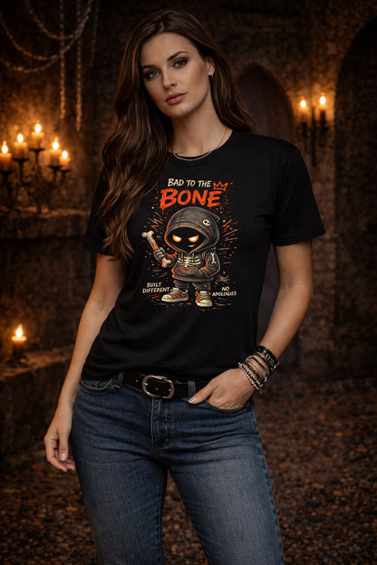 Bad to the Bone T Shirt Gothic Cartoon Skeleton Rebel Punk Unisex Graphic Tee