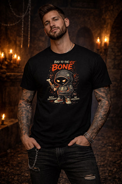 Bad to the Bone T Shirt Gothic Cartoon Skeleton Rebel Punk Unisex Graphic Tee