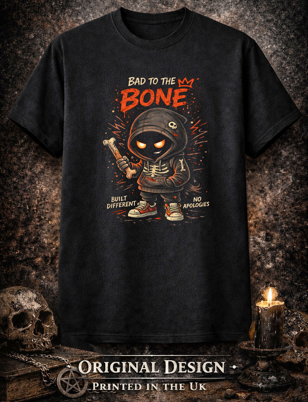 Bad to the Bone T Shirt Gothic Cartoon Skeleton Rebel Punk Unisex Graphic Tee