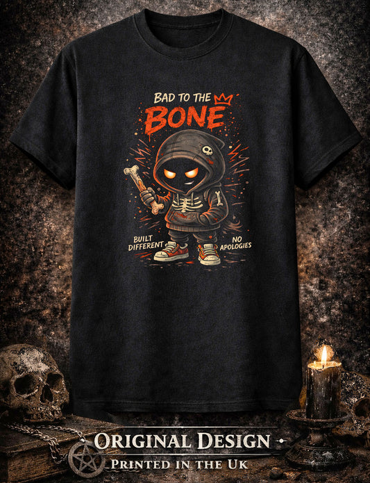 Bad to the Bone T Shirt Gothic Cartoon Skeleton Rebel Punk Unisex Graphic Tee