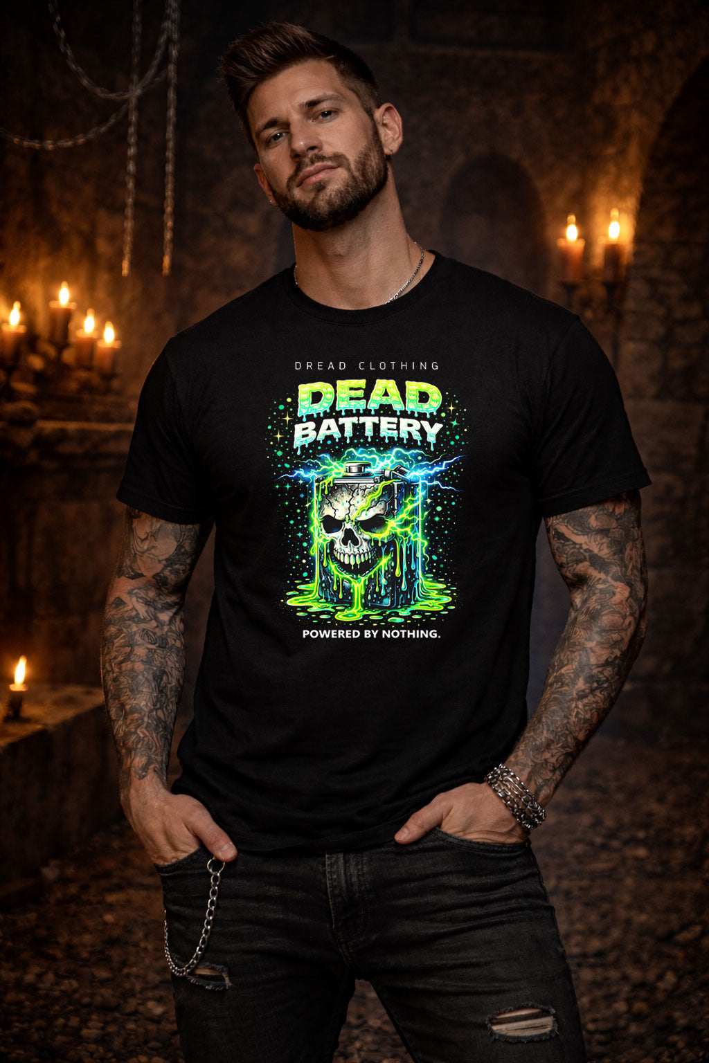 Dead Battery Skull Unisex Toxic Gothic Graphic T-Shirt Horror Dark Punk Tee