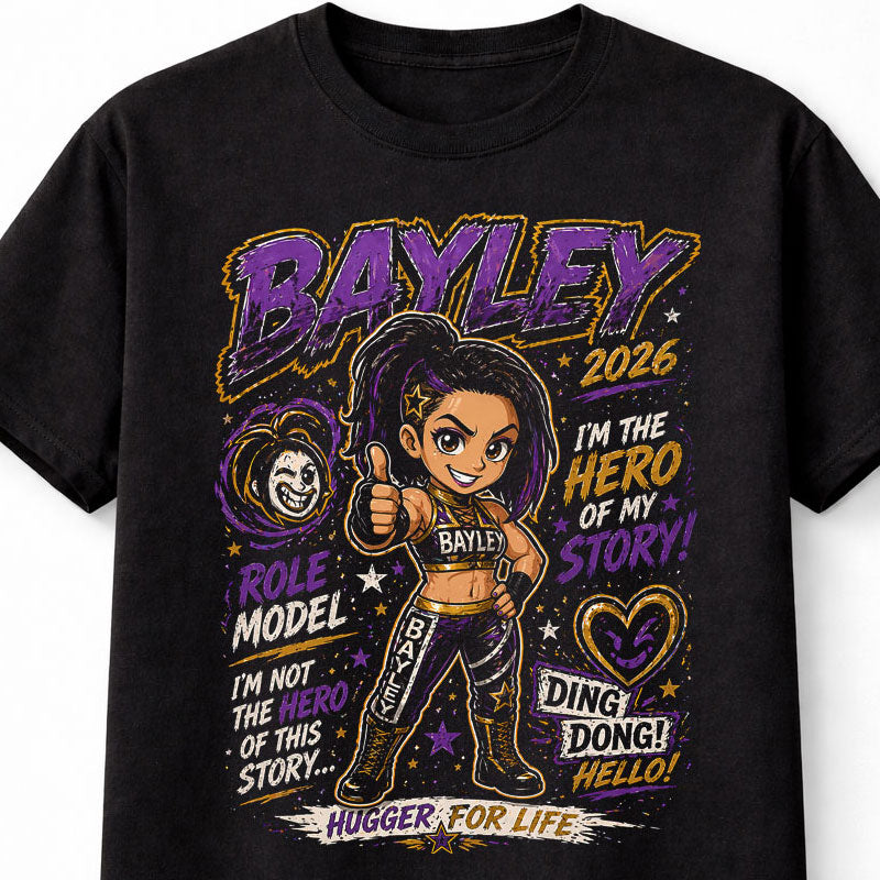 Bayley Role Model Wrestling T-Shirt Cartoon Wrestler Graphic Purple Gold Design Hugger Era Fan Tee Bold Women’s Wrestling Adults & Kids Unisex T-Shirt