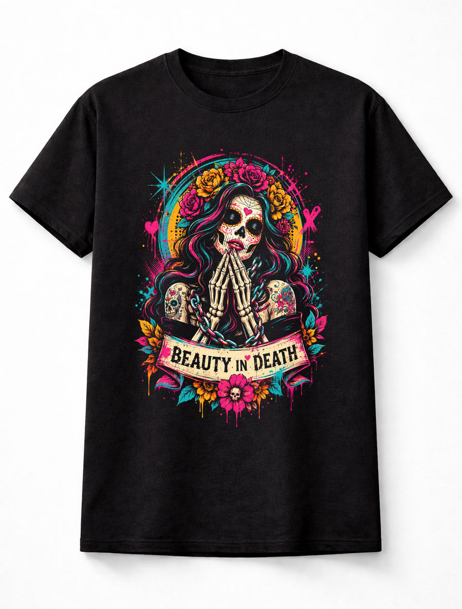 Beauty In Death Sugar Skull Floral Gothic Graphic Unisex T-Shirt
