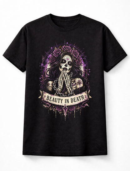 Beauty In Death Gothic Sugar Skull Roses Graphic Unisex T-Shirt