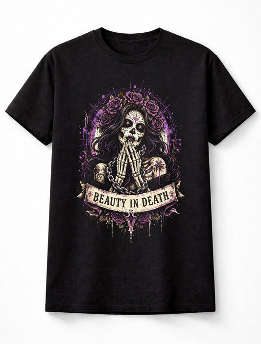 Beauty In Death Gothic Sugar Skull Roses Graphic Unisex T-Shirt
